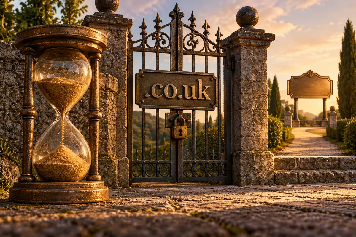 A bronze hourglass stands beside a closed gate marked .co.uk and an empty nameplate.