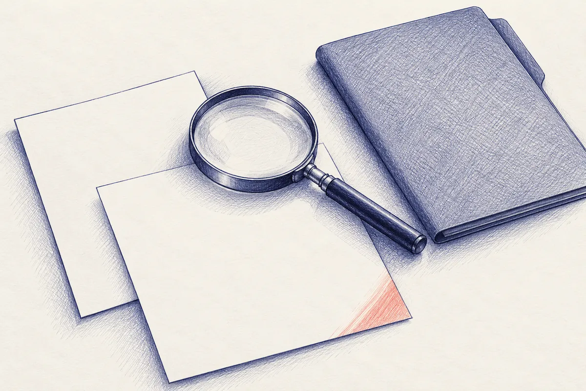A ballpoint drawing shows a magnifying glass above two separate document sheets beside a closed folder