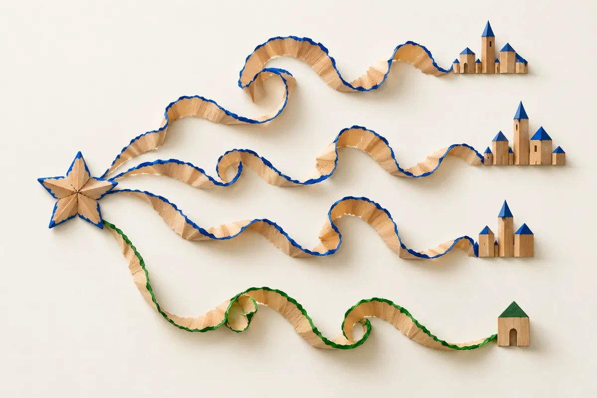 Blue pencil-shaving paths reach several buildings while a separate green path reaches one building.