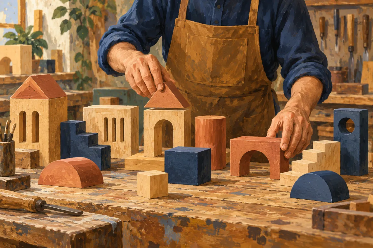 Gouache painting of hands arranging wooden building modules on a workbench