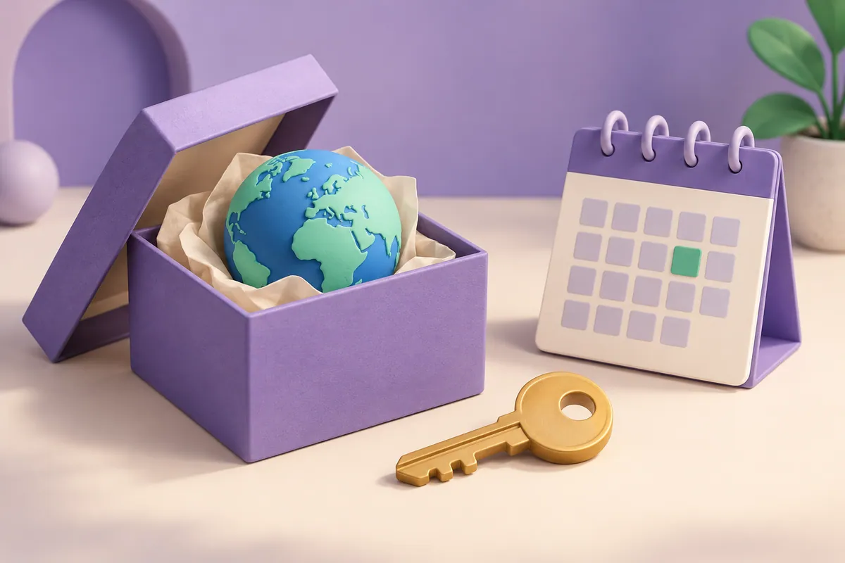 A globe in a gift box beside a key and calendar represents a bundled domain offer.