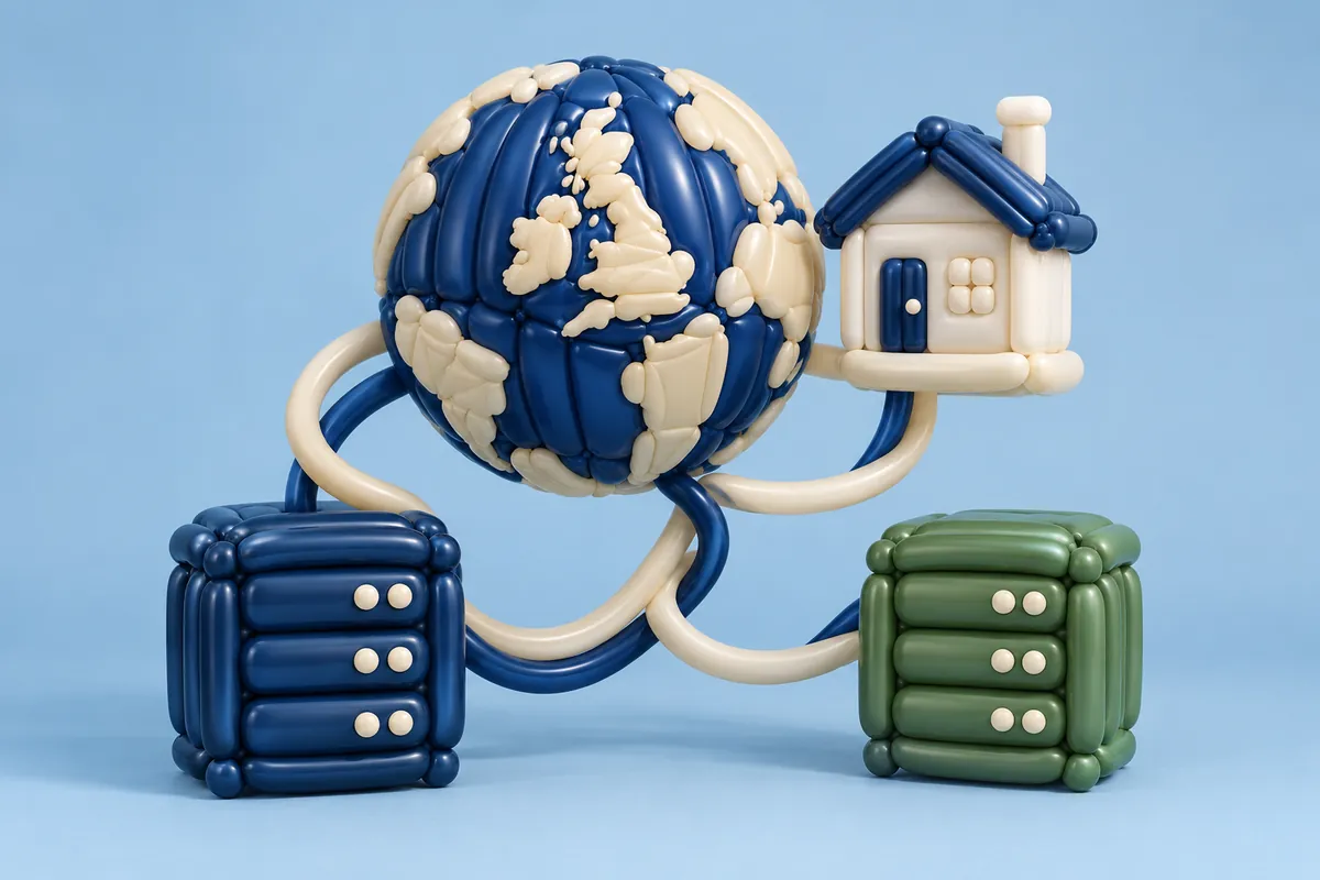 A navy and cream balloon globe connects a small house to blue and green balloon server cabinets.