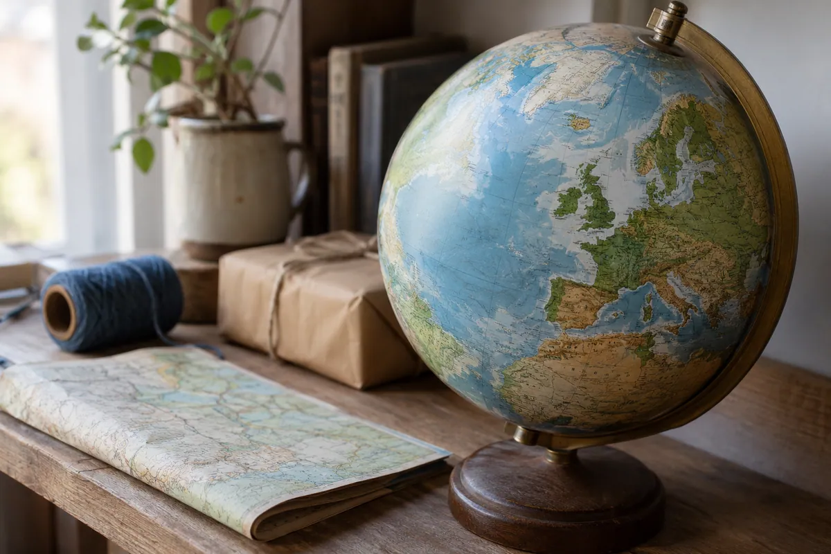 Globe showing Britain and western Europe beside a folded map and parcel