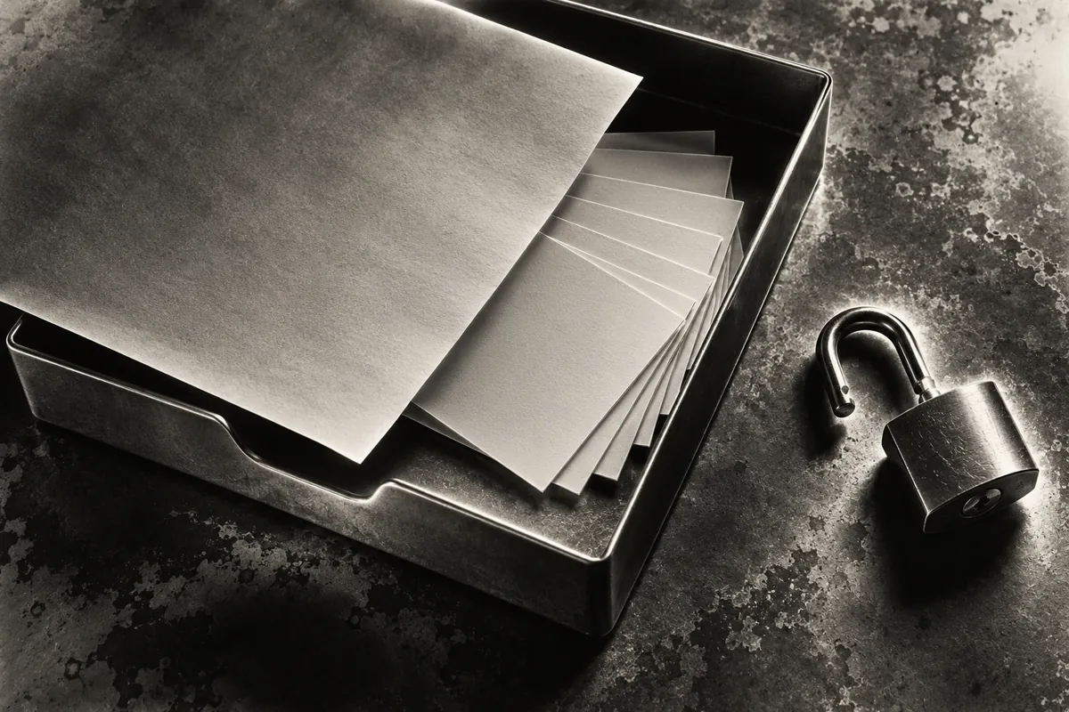 A silver-toned document tray holds blank cards under a loose sheet, beside an open padlock.