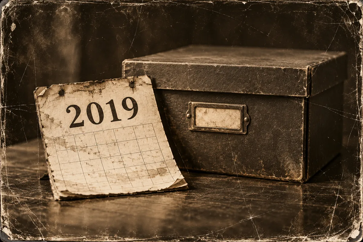 An etched calendar sheet marked 2019 rests beside a closed archive box.
