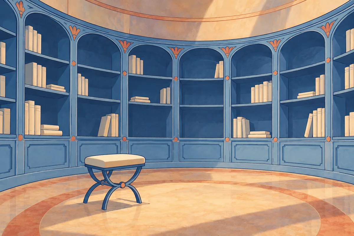An illustrated archive room has blue shelves with plain books, empty niches and a reading stool