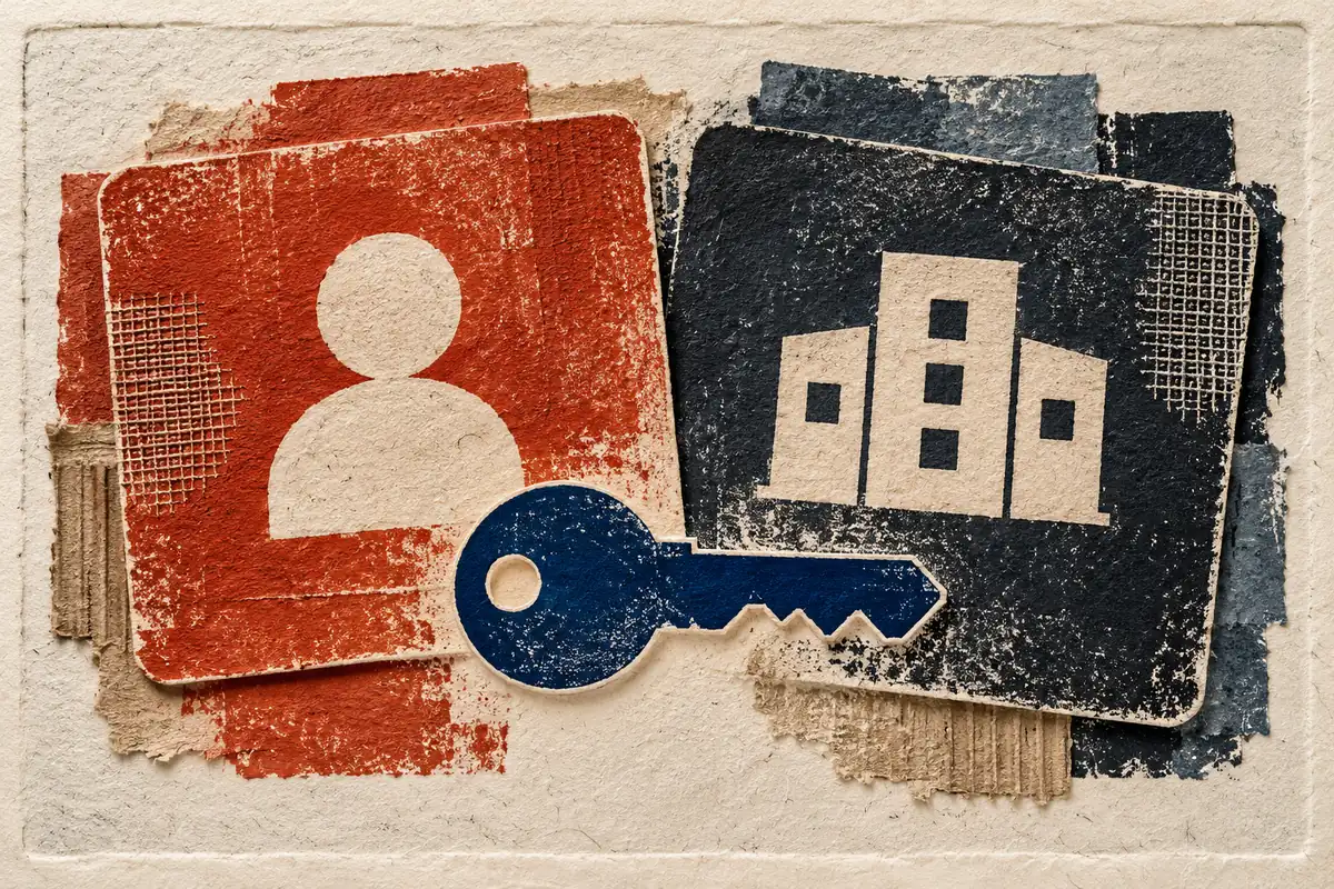 Textured printed cards show a person and a company building, joined visually by a single blue key.