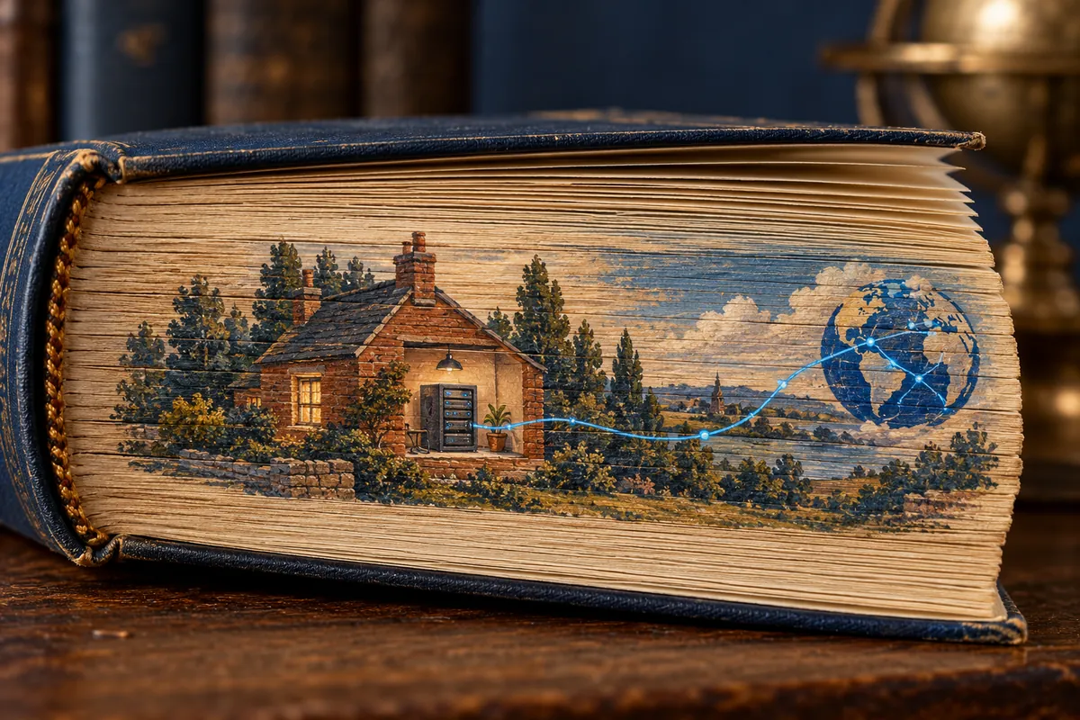 A home with a small server and a blue line to a globe is painted across the exposed page edges of a navy book.