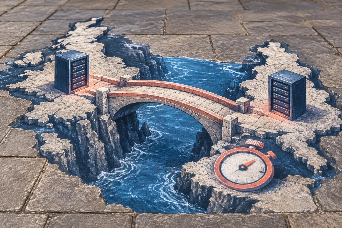 A chalk pavement illusion shows a bridge between two server cabinets across blue water, beside a stopwatch.