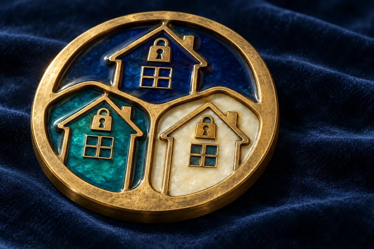 A round brass and blue enamel panel holds three house motifs, each with a small padlock.