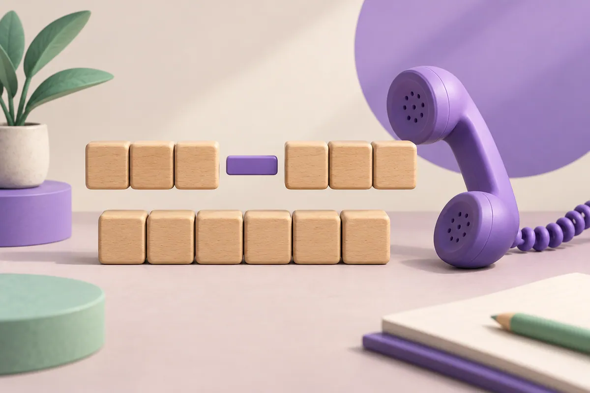 A purple dash separates blocks beside a telephone, illustrating spoken domain spelling.