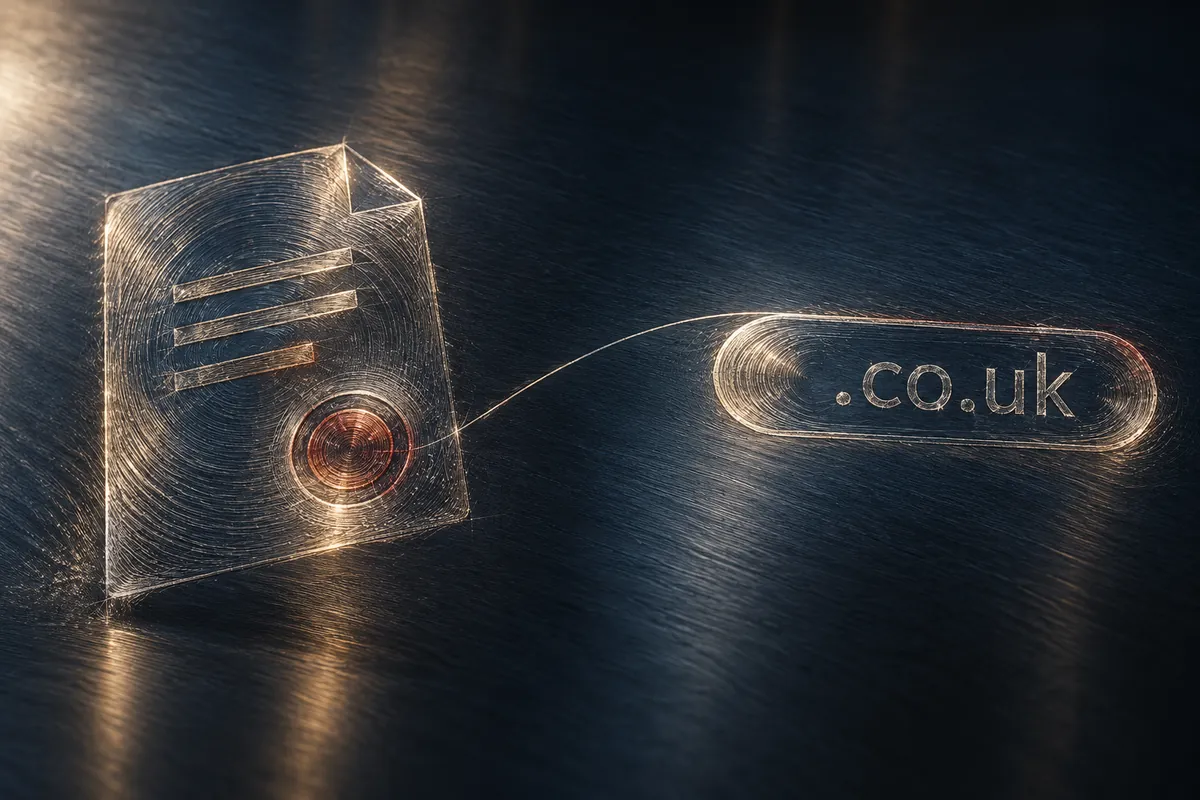 Fine luminous scratches on dark metal form a document with a seal and a separate .co.uk address bar.