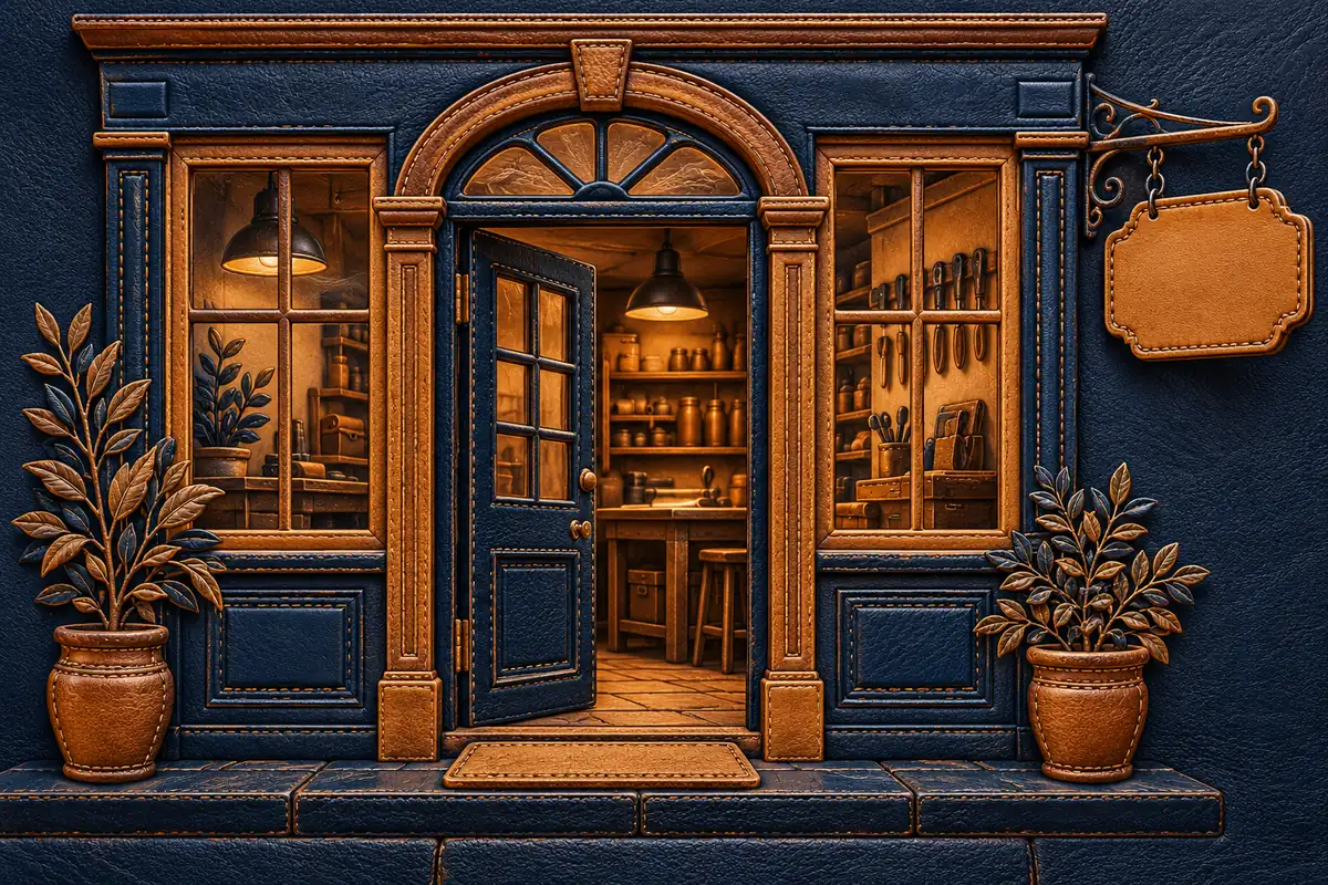 A workshop doorway and blank hanging sign are embossed into navy and tan leather.