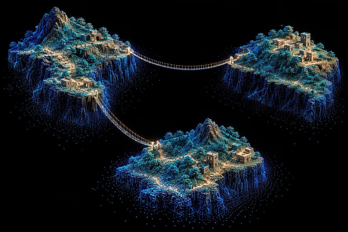 Three islands of blue and amber points are linked by two delicate bridges across a black background.