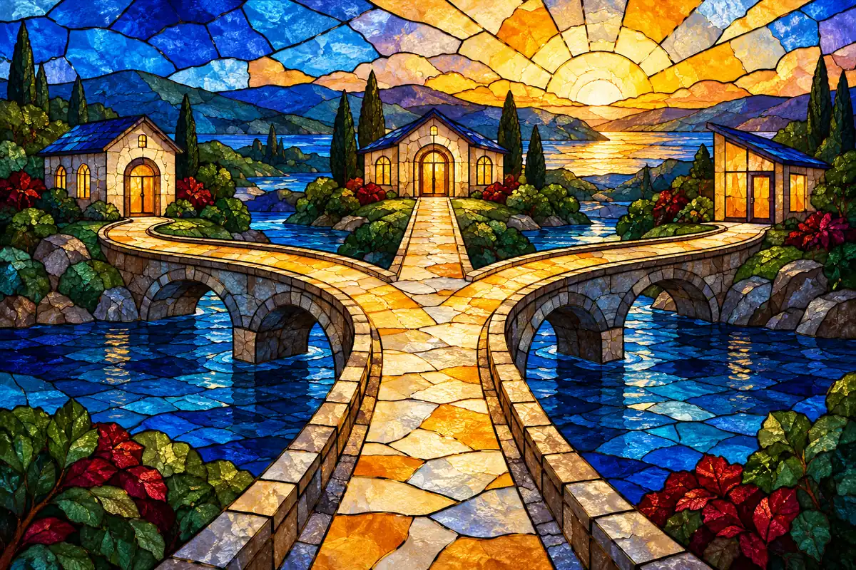 Stained-glass bridge branching towards small buildings in blue and amber