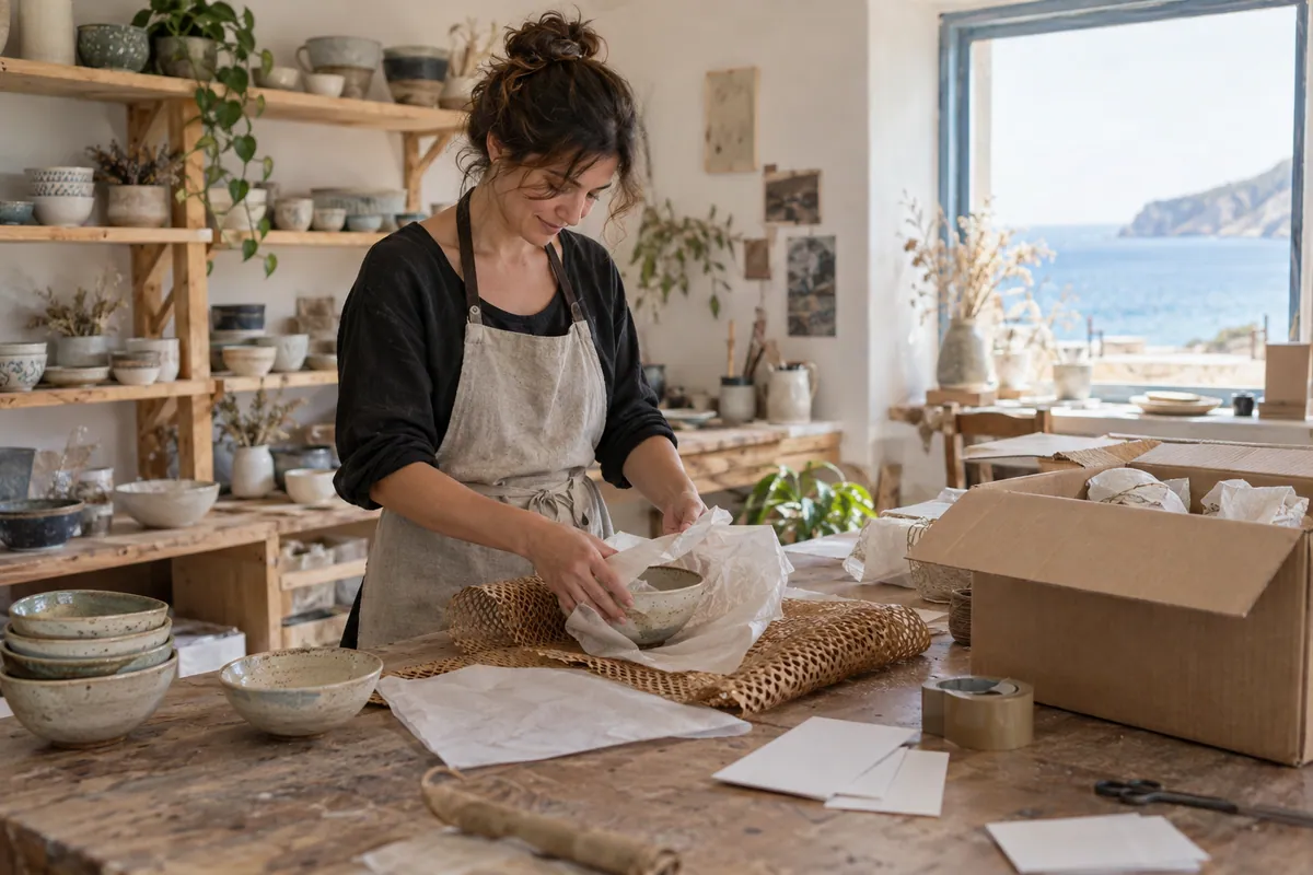 Ceramic maker wrapping a bowl for delivery in a coastal workshop