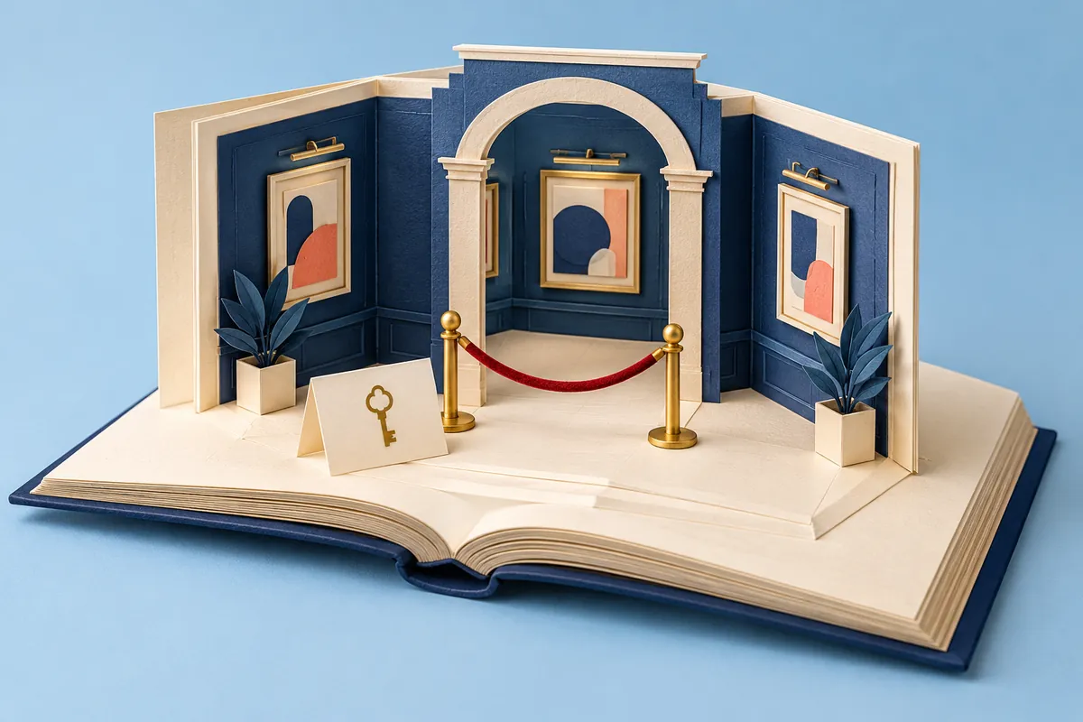 A blue paper gallery rises from an open book, with a velvet entrance rope and an invitation card bearing a key.