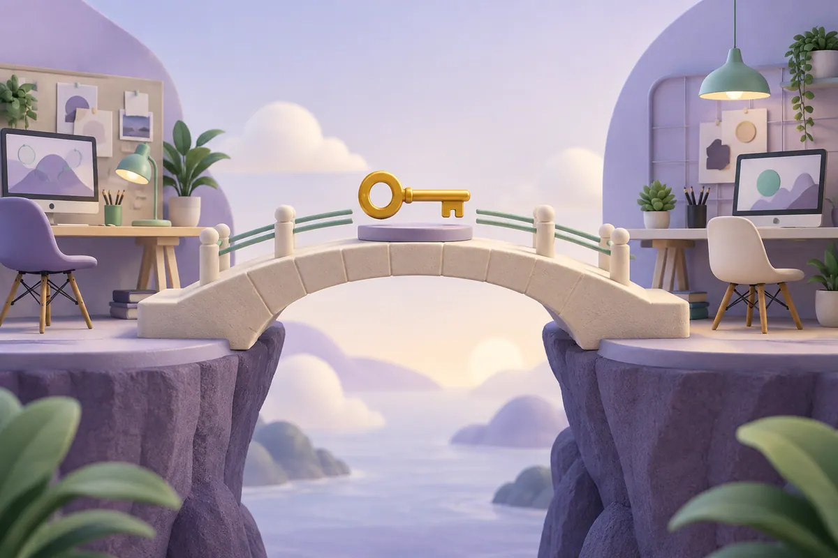 A key sits safely on a bridge between two designer desks.