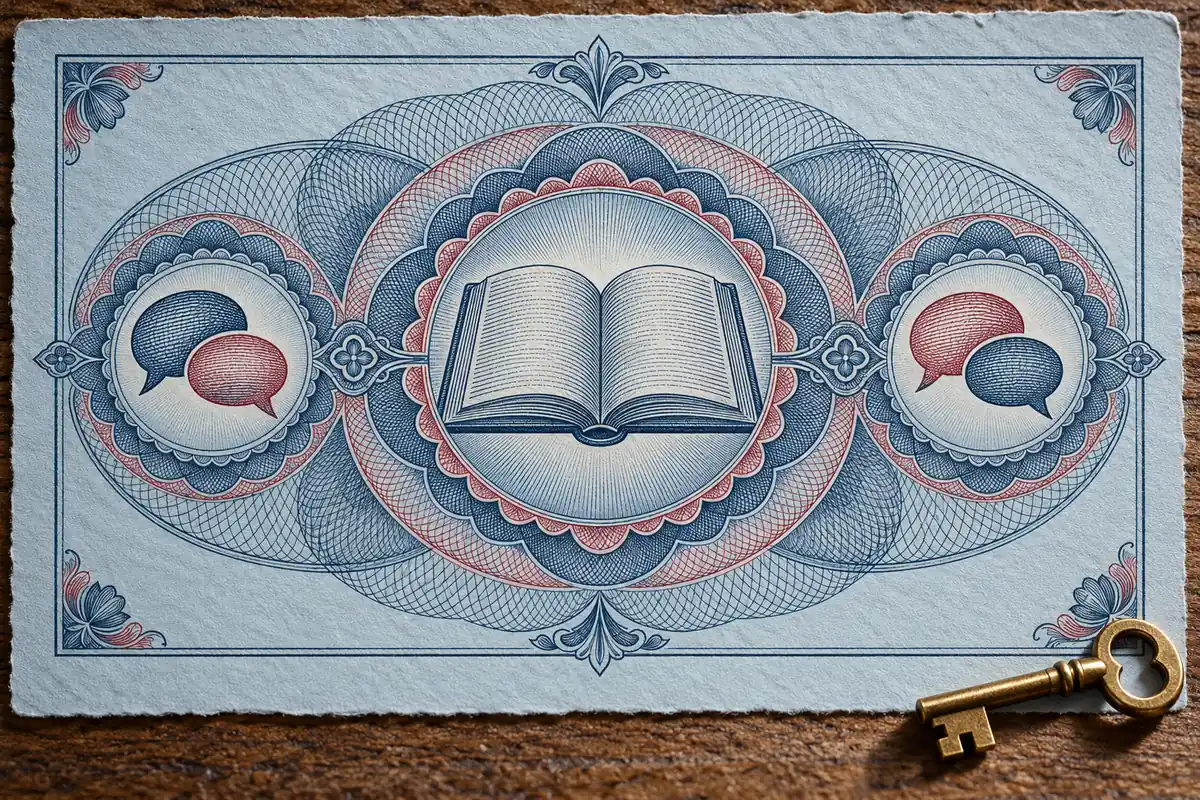 An engraved open-book medallion sits between paired speech-bubble motifs, with a brass key beside the paper.