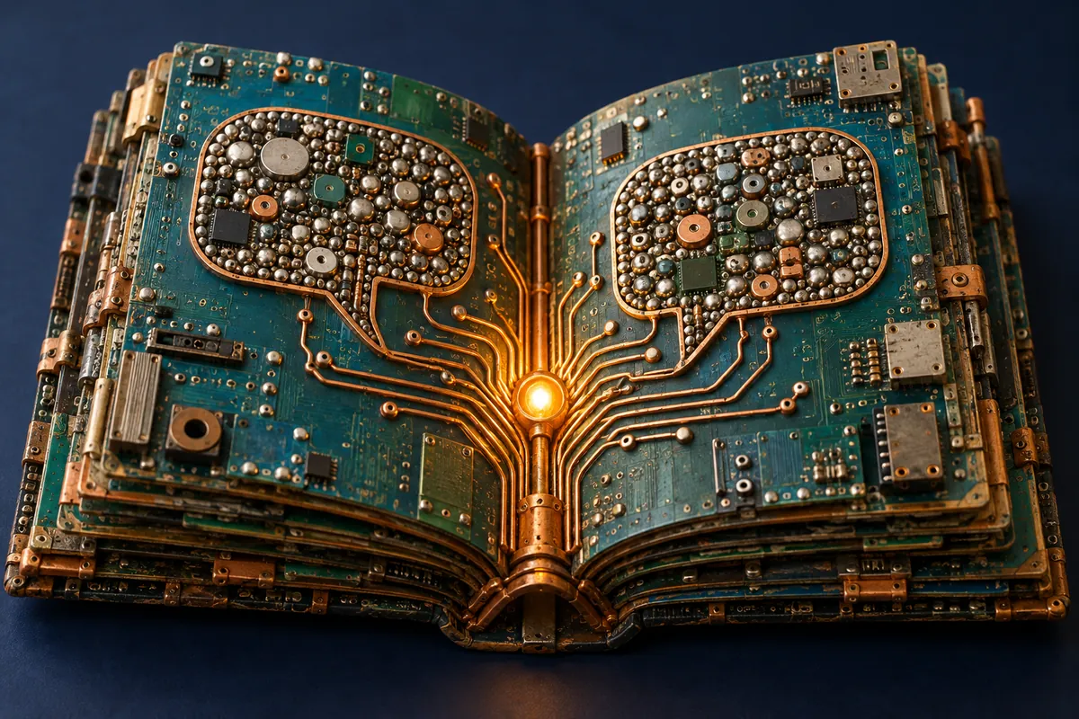 An open circuit-board book has two speech-bubble panels connected to an amber light in its spine.