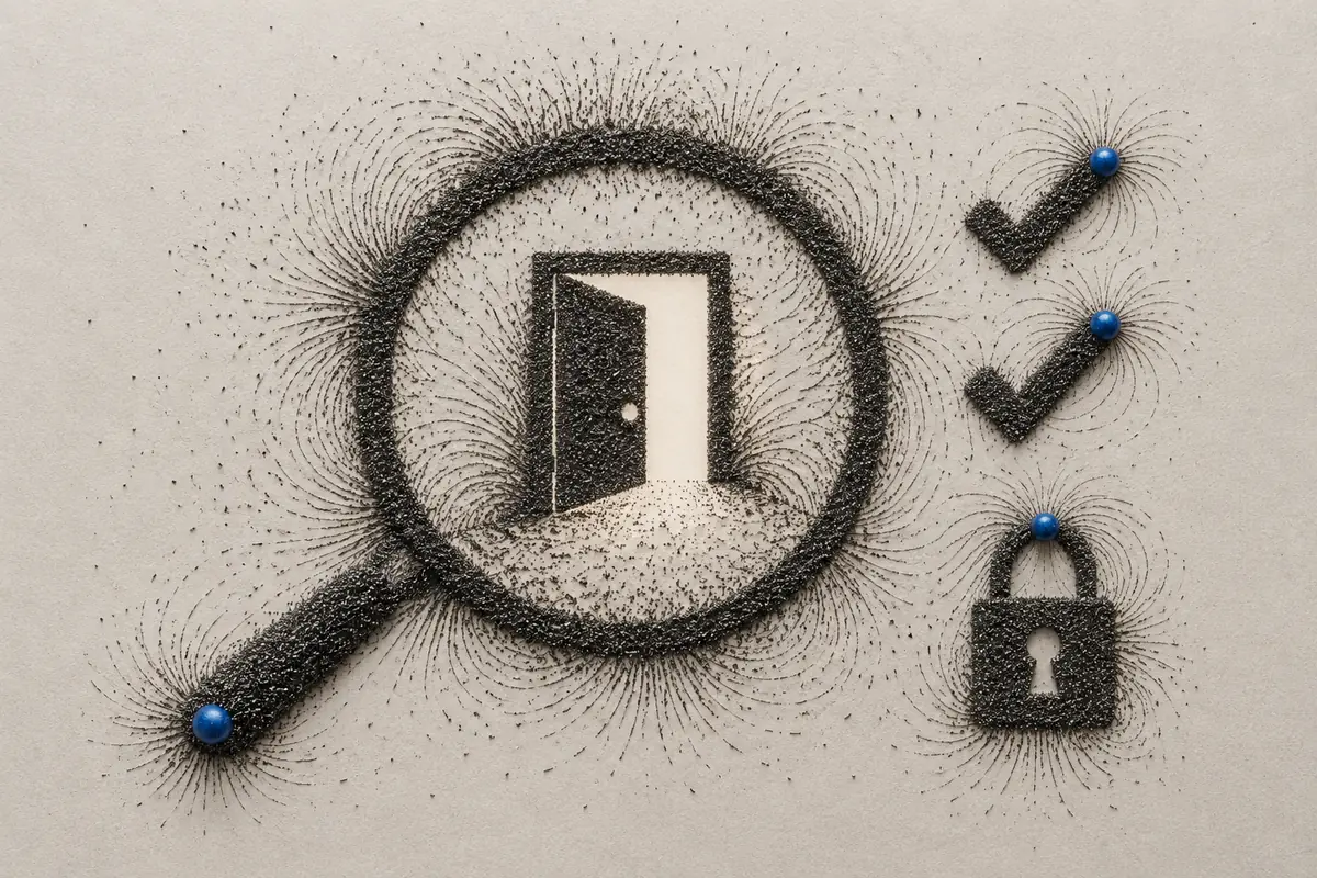 Iron filings form a magnifying glass around an open doorway, with two check marks and a padlock beside it.