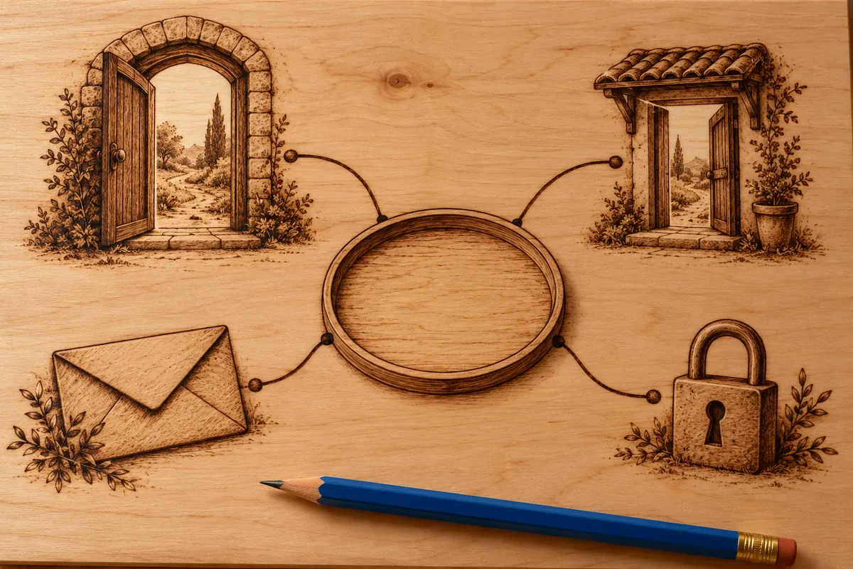 Burnt line drawings of two doorways, an envelope and a padlock surround an oval on a maple board beside a blue pencil.