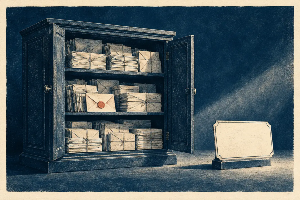 An open cabinet of bundled envelopes stands beside a separate address plaque in a blue aquatint print