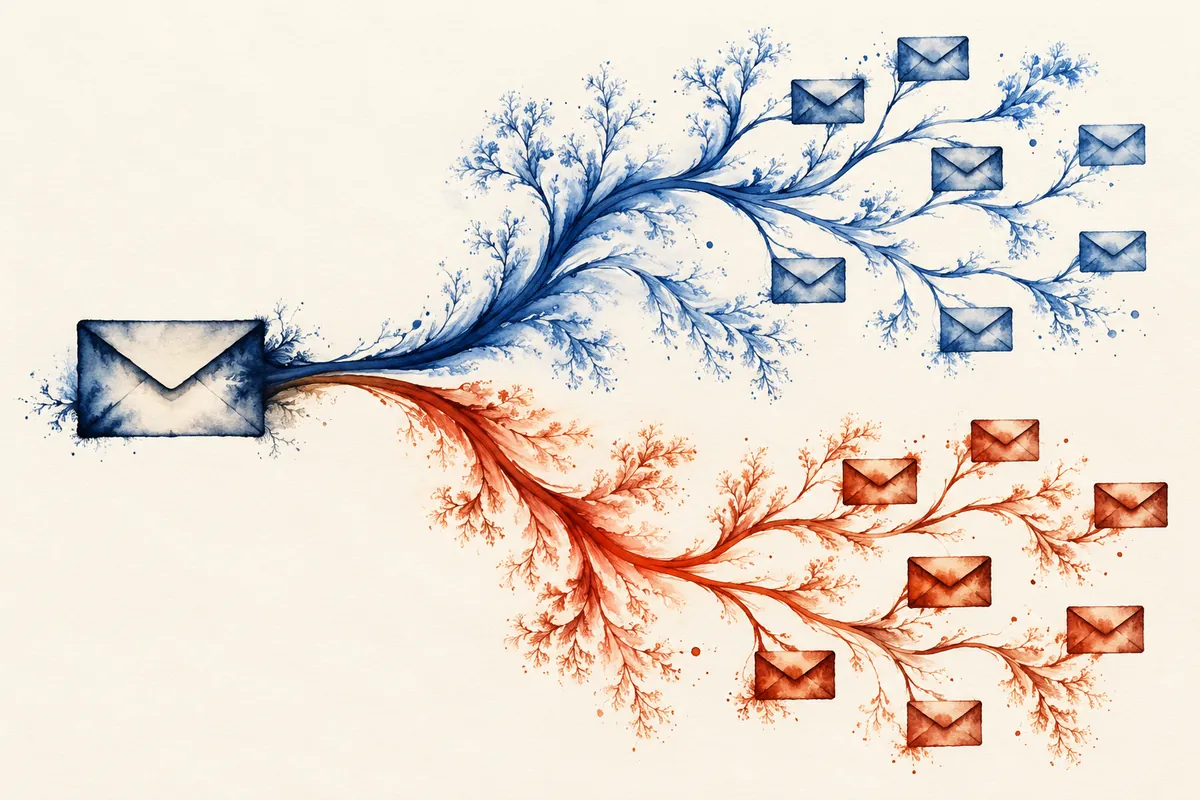An envelope branches into blue and rust-coloured ink paths leading to separate groups of envelopes.