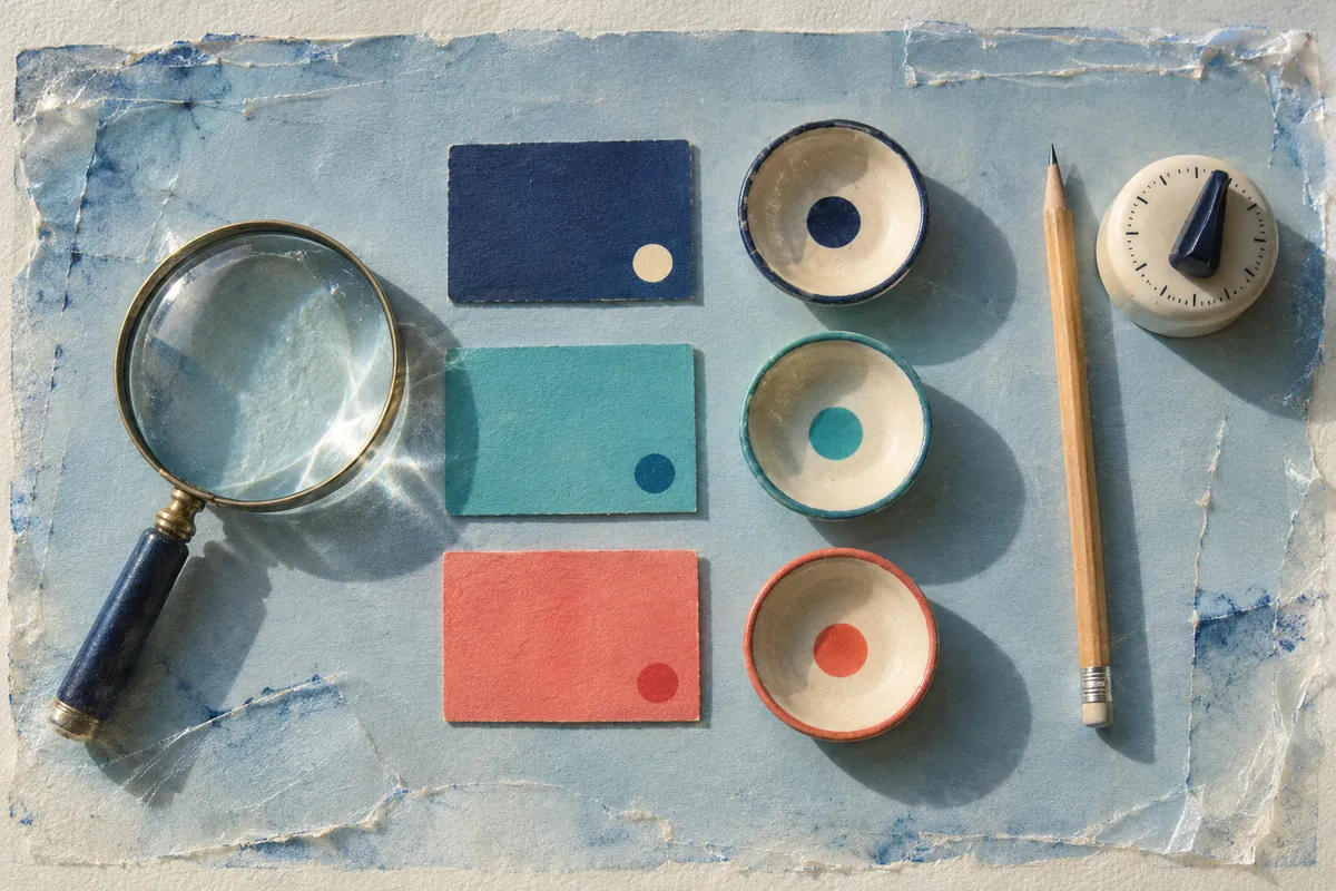 A magnifying glass, three coloured cards and matching dishes sit beside a pencil and timer on textured blue paper.