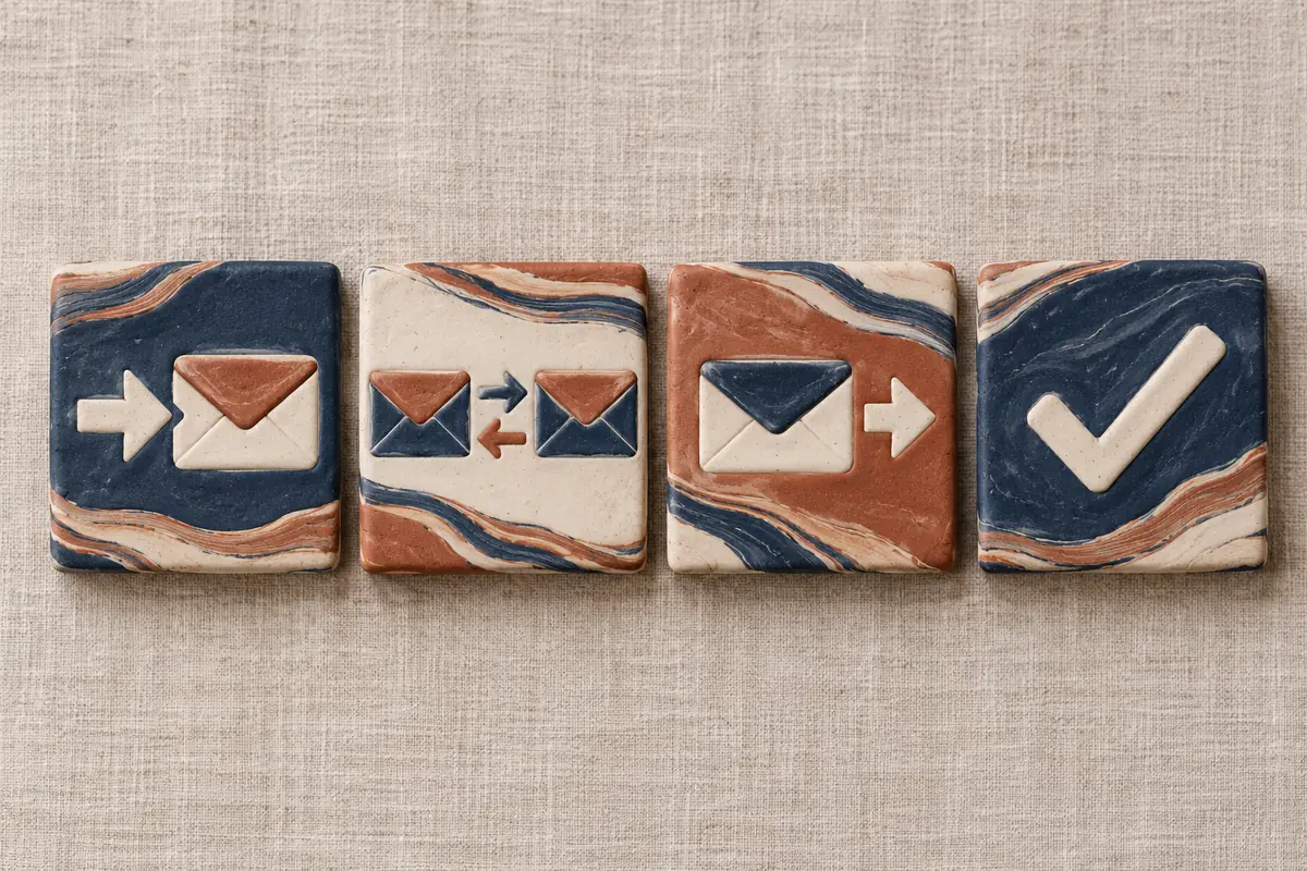 Four marbled clay tiles show incoming mail, an exchange of messages, outgoing mail and a check mark.