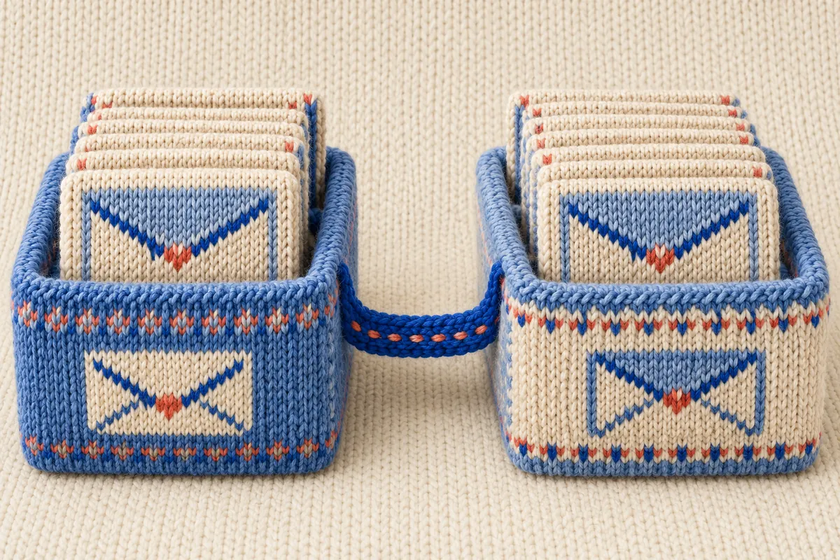 Two knitted archive boxes with matching message stacks are joined by a blue textile bridge