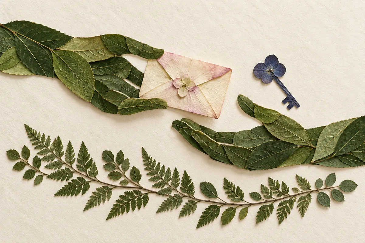 Two hands formed from pressed leaves pass a flower-petal envelope beside a blue botanical key.