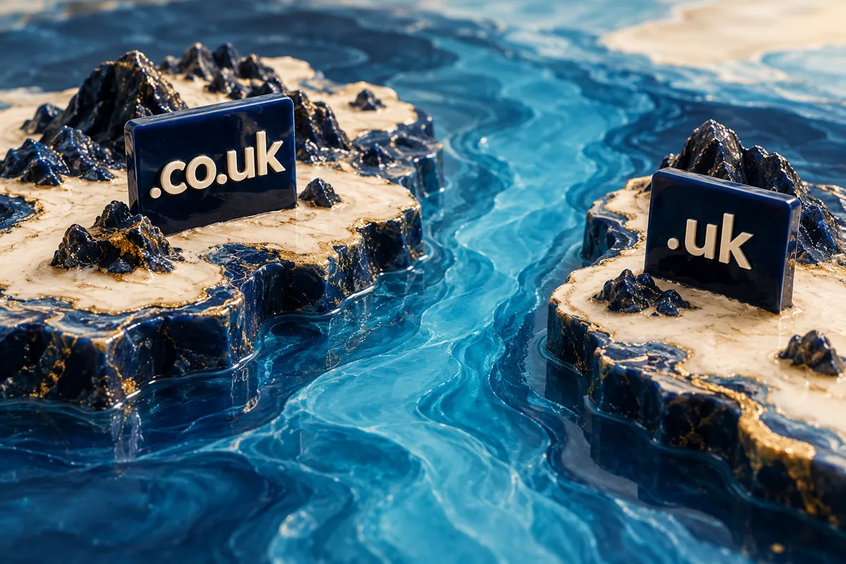 Separate resin islands carry .co.uk and .uk plaques on opposite sides of a blue river.