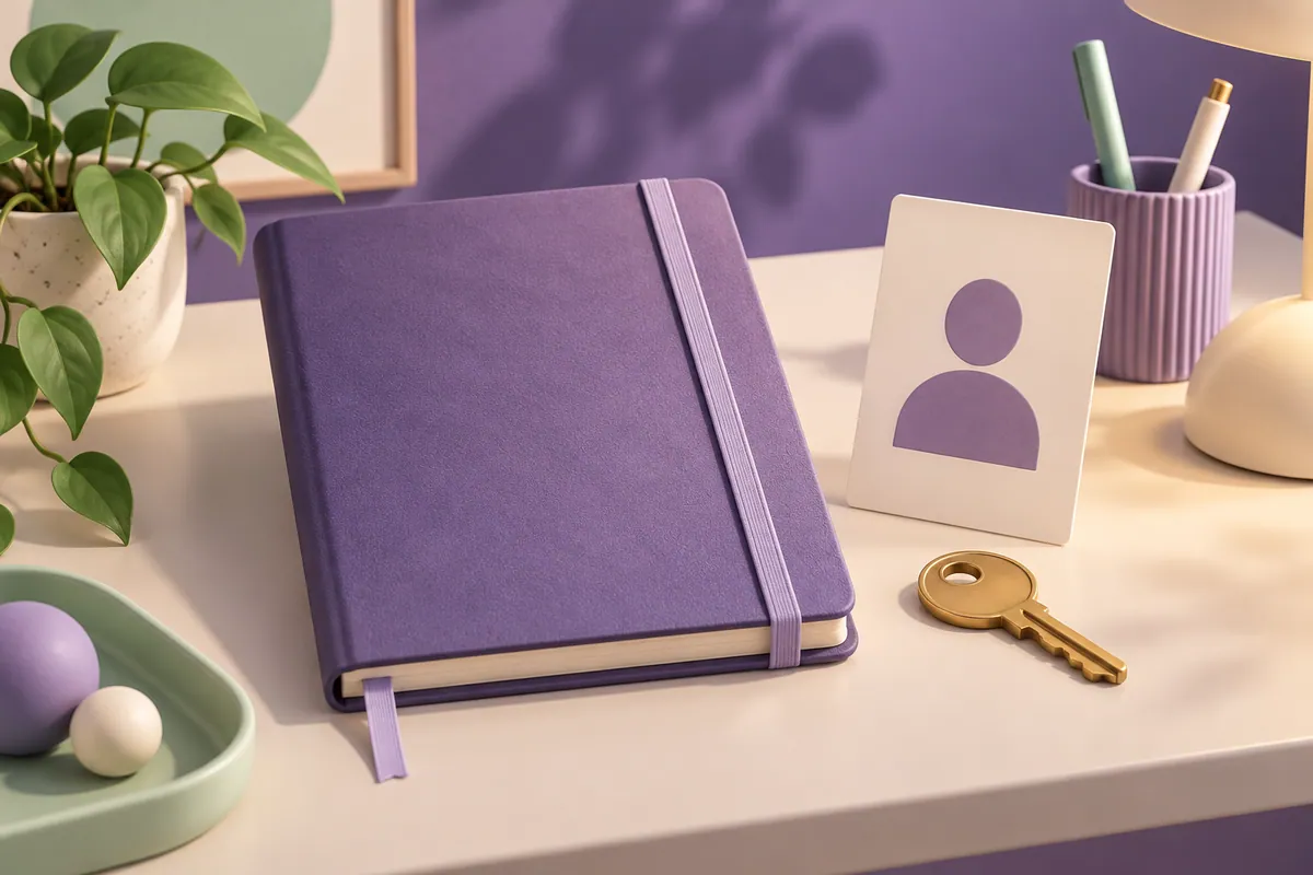 A portfolio notebook, an individual profile card and a key on a desk.