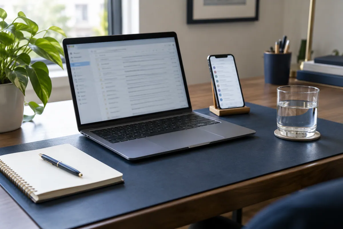 Laptop and phone displaying email inboxes beside a notebook on a navy desk mat
