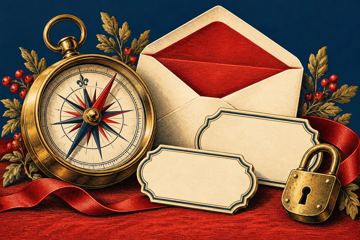 A brass compass, envelope, two blank plaques and a padlock form a decorative printed still life.