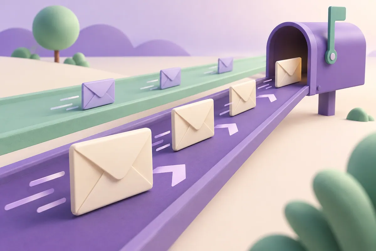 Envelopes follow two lanes towards a mailbox to illustrate mail routing priorities.