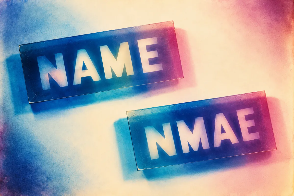 Separate translucent strips marked NAME and NMAE cast blue and magenta photogram shadows