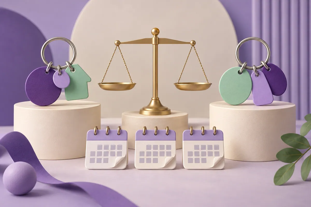 Two equal display stands with key rings, balanced scales and calendar blocks.