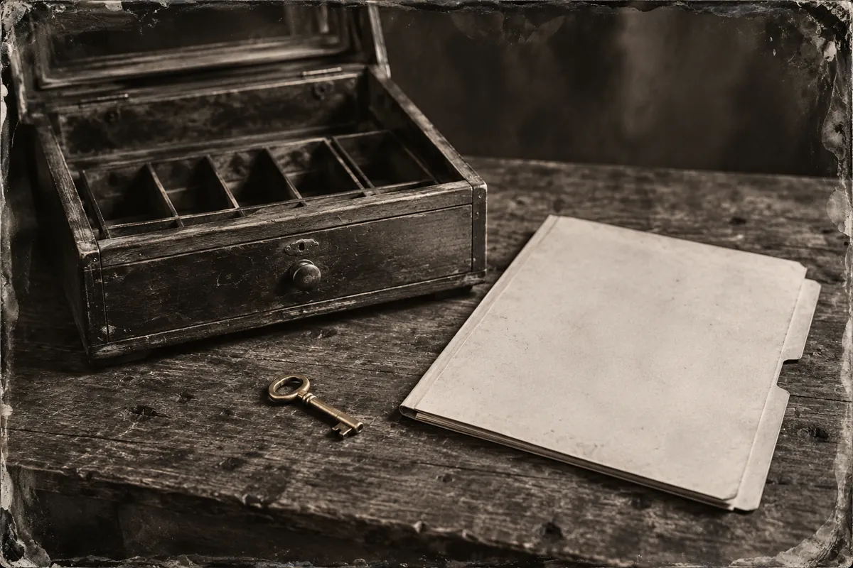 An empty wooden till, blank folder and brass key sit together on a workbench in a silver-toned photograph.