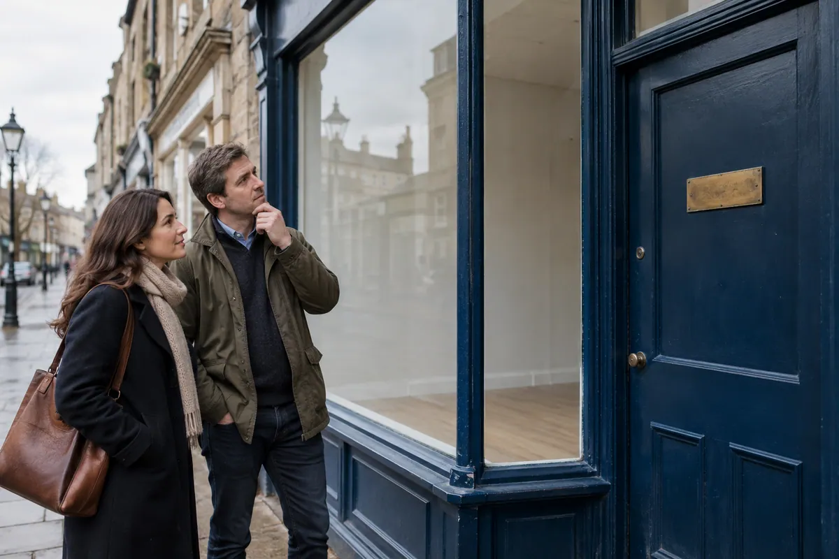 Two people reviewing the entrance of a vacant high-street shop