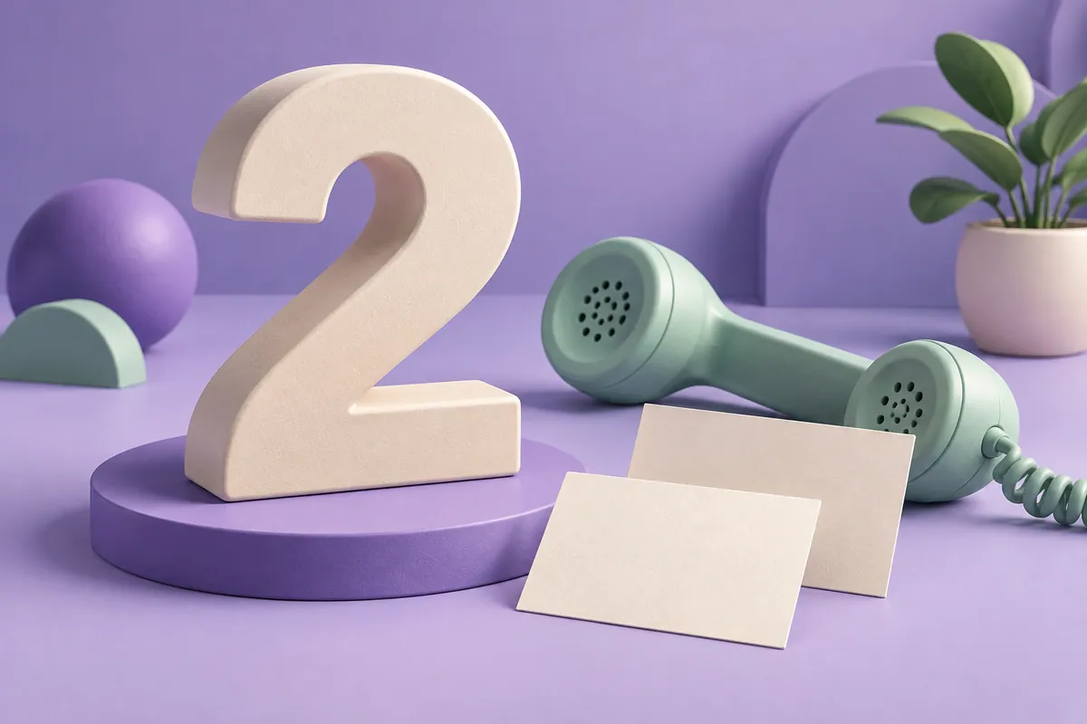 A numeral two beside a telephone and address cards represents a domain spelling choice.