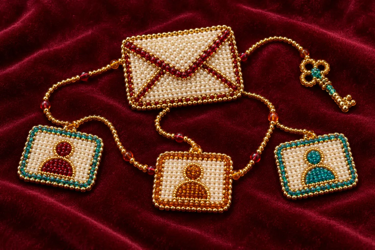 Glass-bead envelope, key and three account-card motifs joined by looping gold beads on burgundy velvet
