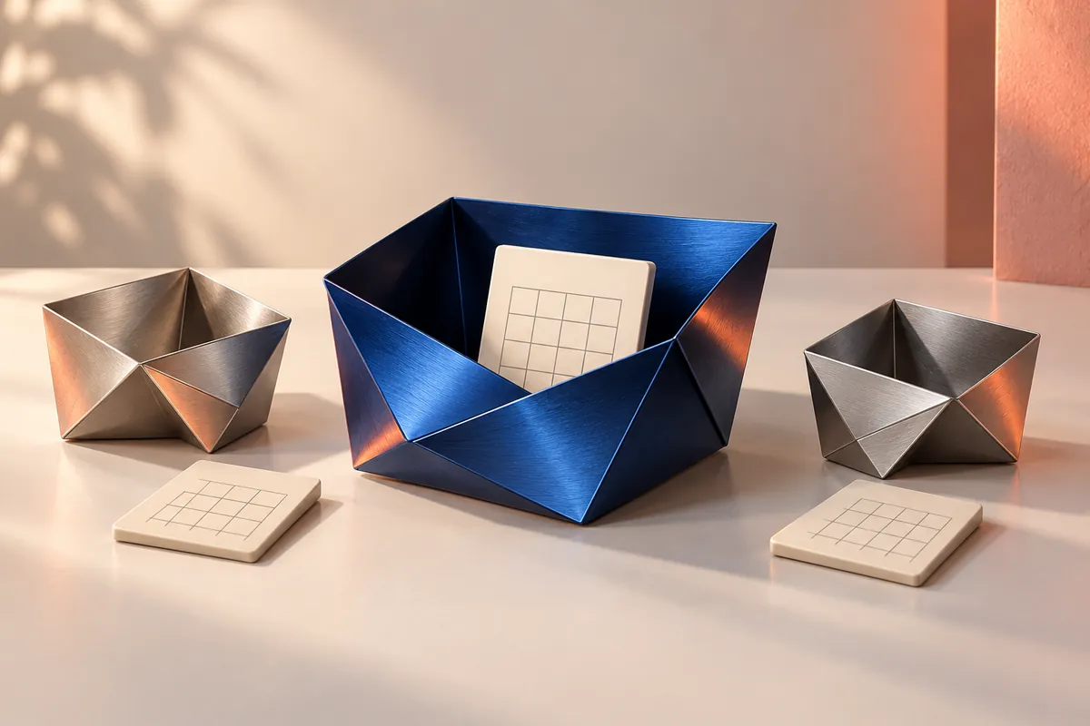 One blue and two silver folded-metal containers each have a separate cream calendar tile