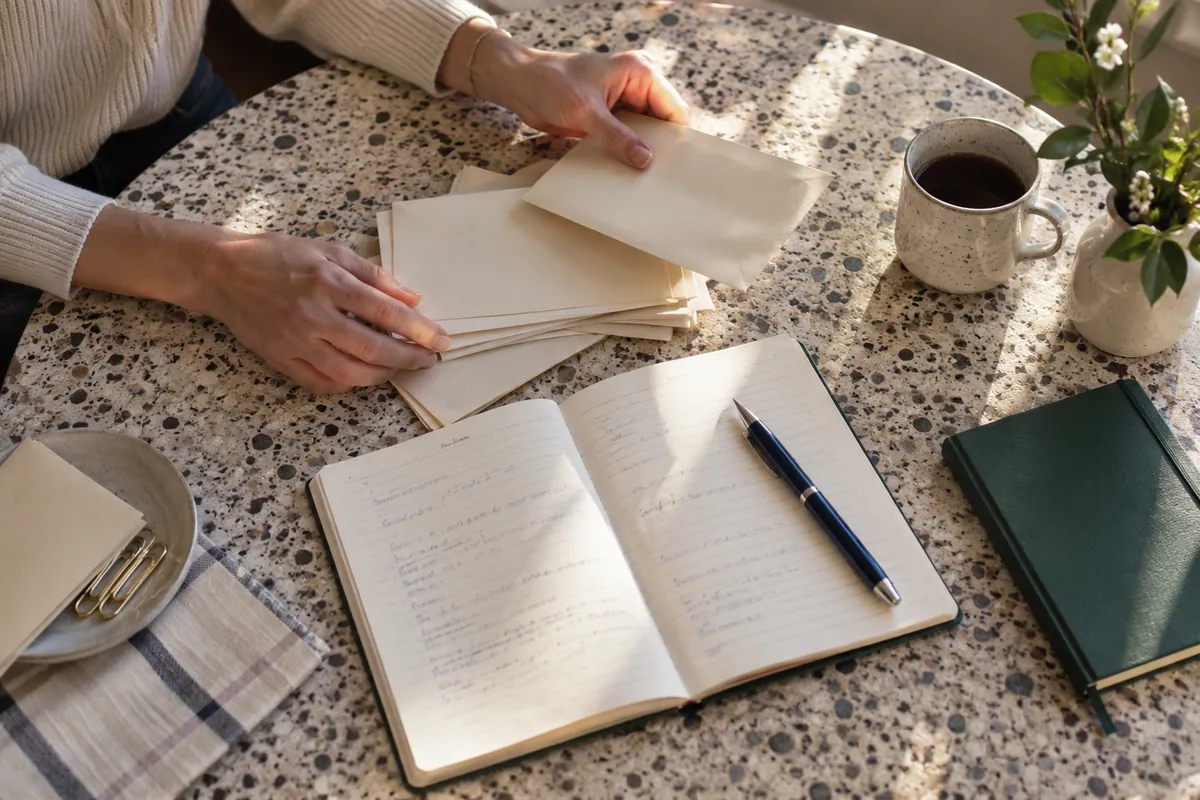 Hands preparing envelopes and contact notes on a sunlit table