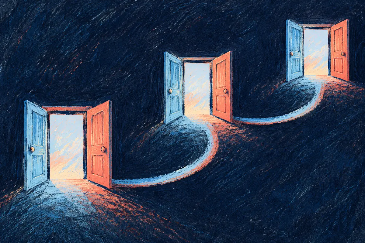 Three open doorways are joined by pale blue and coral curves across a navy oil-pastel drawing.