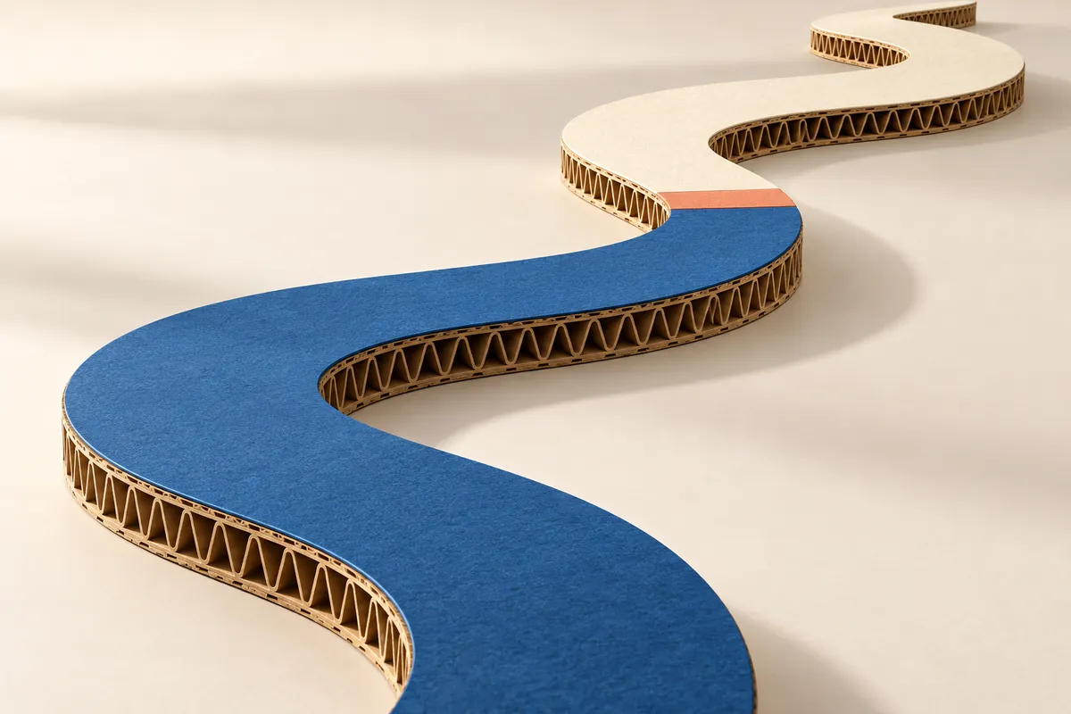 A blue corrugated-cardboard path continues into an ivory section across a coral joining strip