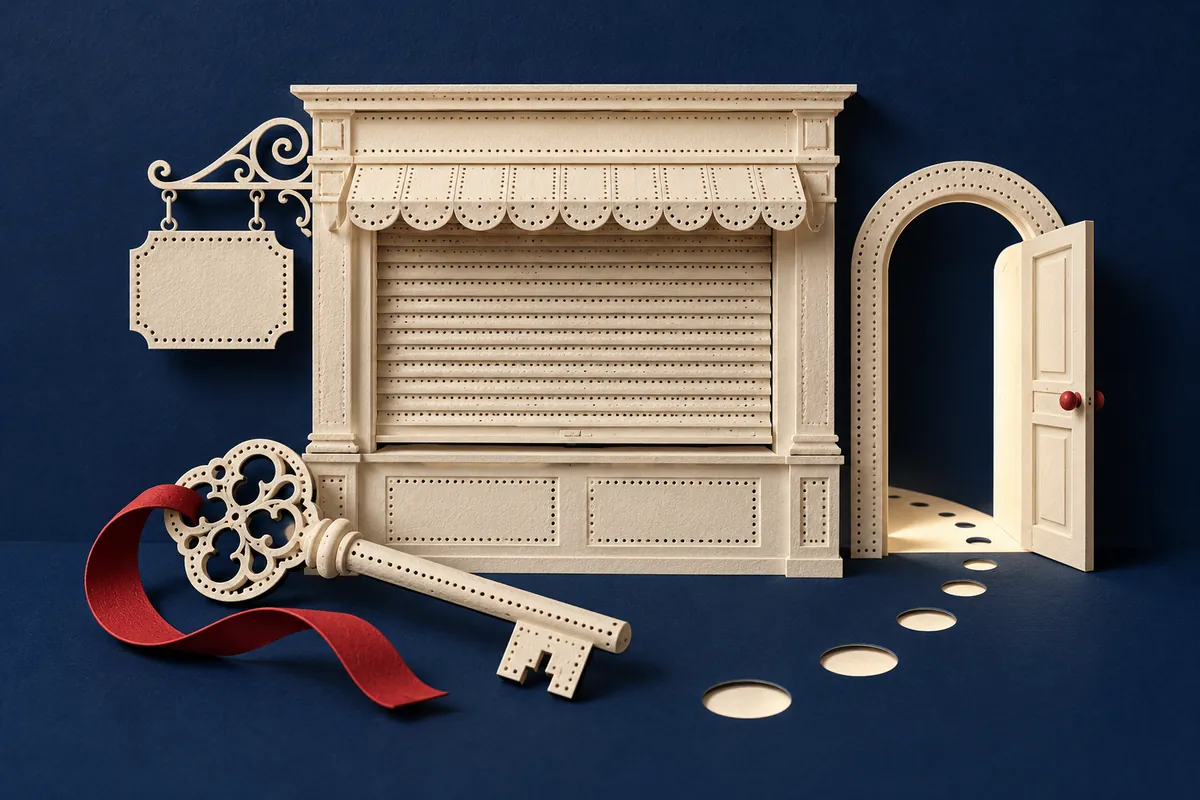 An ivory perforated-paper shopfront with a closed shutter sits beside an ornamental key and an open doorway.