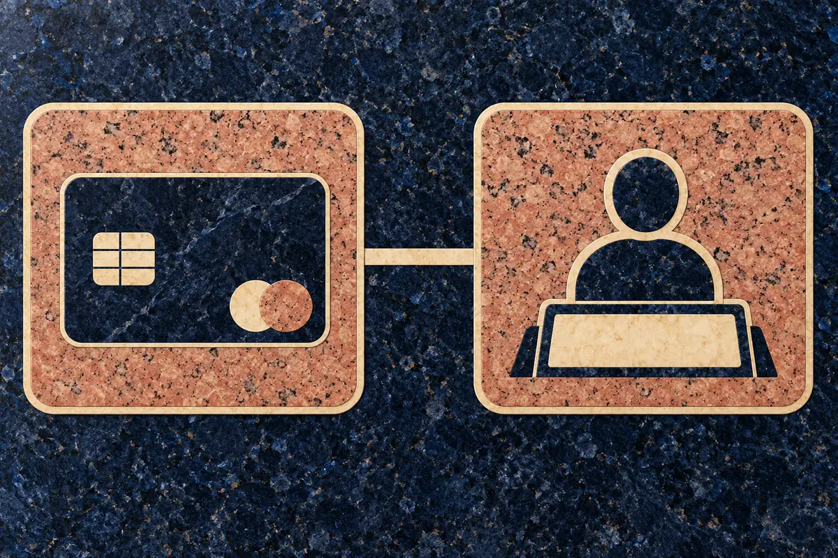 A granite payment-card symbol and an owner symbol sit in separate linked panels.