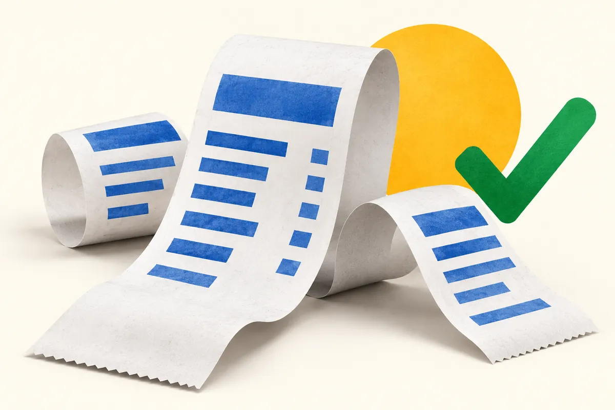 Curled receipt strips carry blue blocks, an amber circle and a green check mark against cream paper.